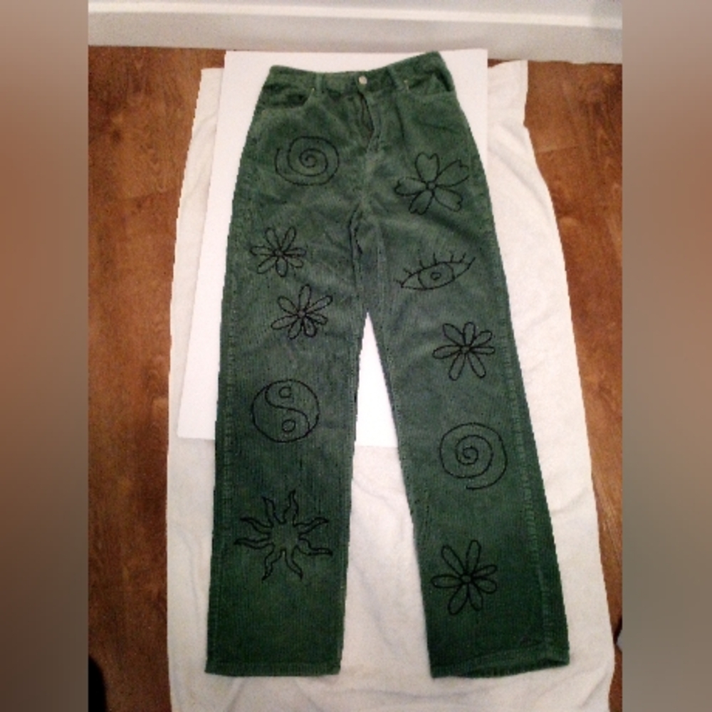 PacSun Pants Womens 28 Green Corduroy High Waisted 90s Boyfriend Embroidered Y2K - Picture 2 of 7